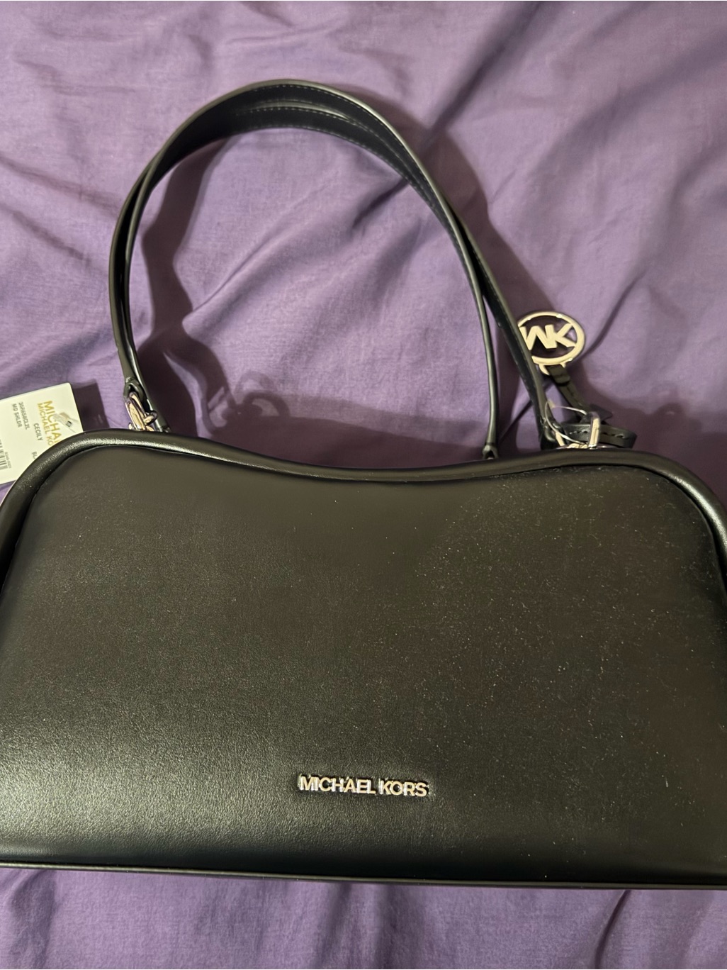 Michael Kors Black Leather Shoulder Satchel With Gold Logo Charm